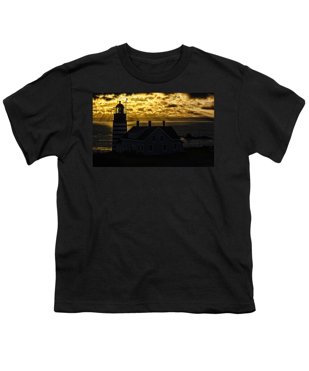 Golden Light Youth T-Shirt featuring the photograph Golden Backlit West Quoddy Head Lighthouse by Marty Saccone
