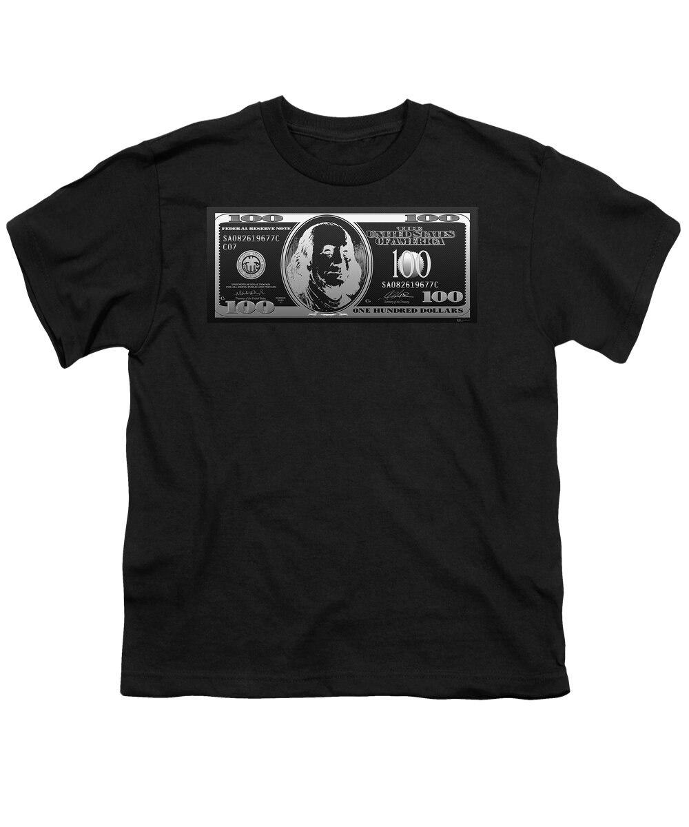'visual Art Pop' Collection By Serge Averbukh Youth T-Shirt featuring the digital art Hello Benjamin - Silver One Hundred Dollar US Bill on Black by Serge Averbukh