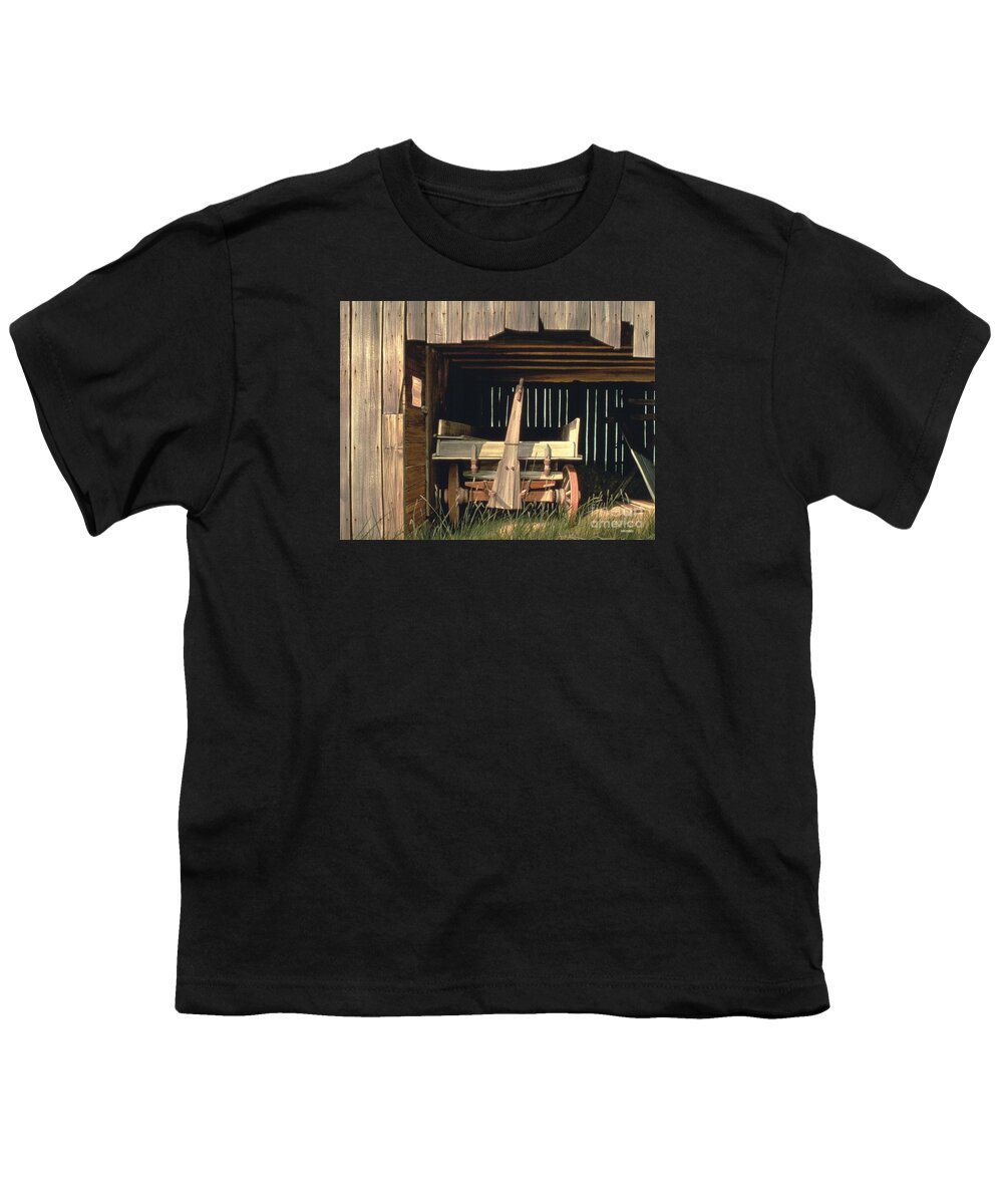 Wagon In A Barn Youth T-Shirt featuring the painting Misner's Wagon by Michael Swanson