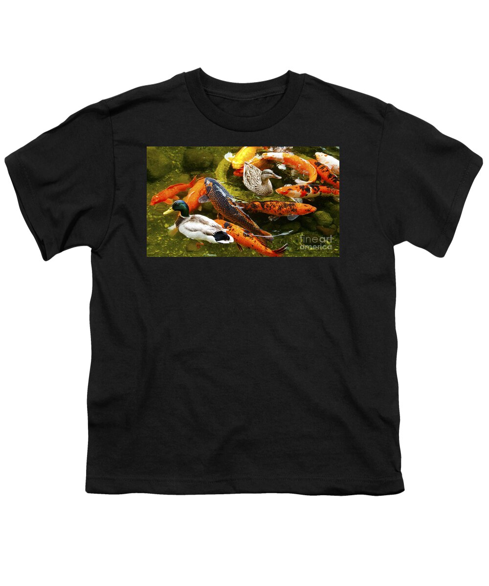 Koi Fish Photographs Youth T-Shirt featuring the photograph Koi Fish in Pond Swimming With Two Mallard Ducks by Jerry Cowart