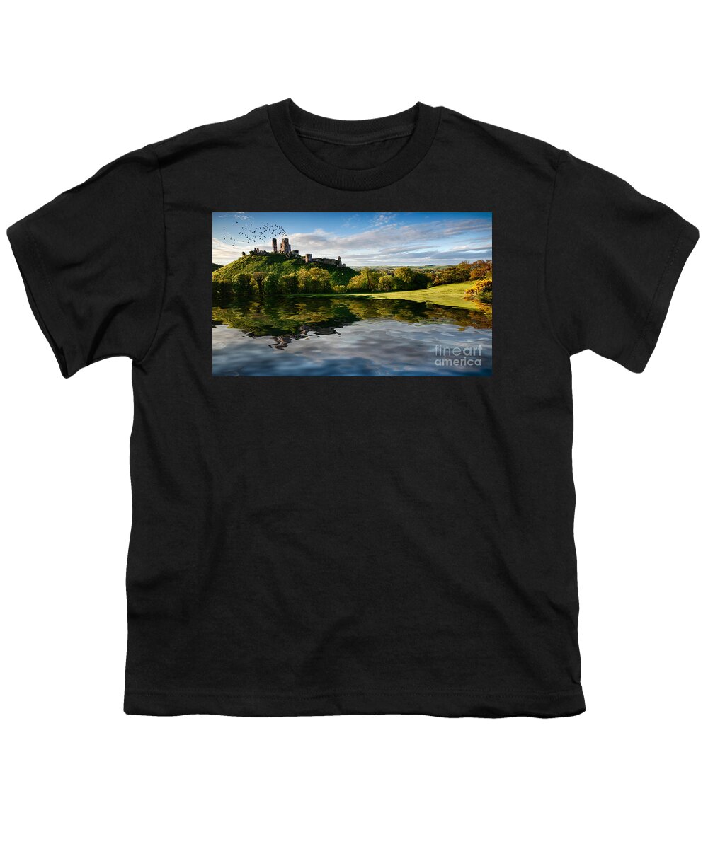 Landscape Youth T-Shirt featuring the photograph Lake and hill with ruin landscape by Simon Bratt