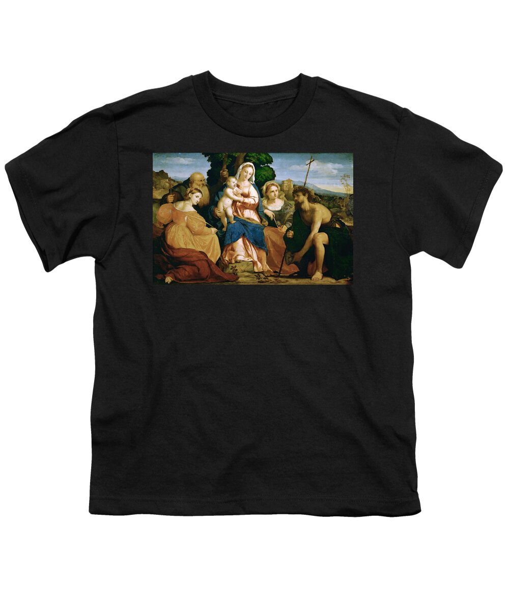 Palma Vecchio Youth T-Shirt featuring the painting Madonna and Child with St Catherine and St Celestine and John the Baptist and St Barbara by Palma Vecchio