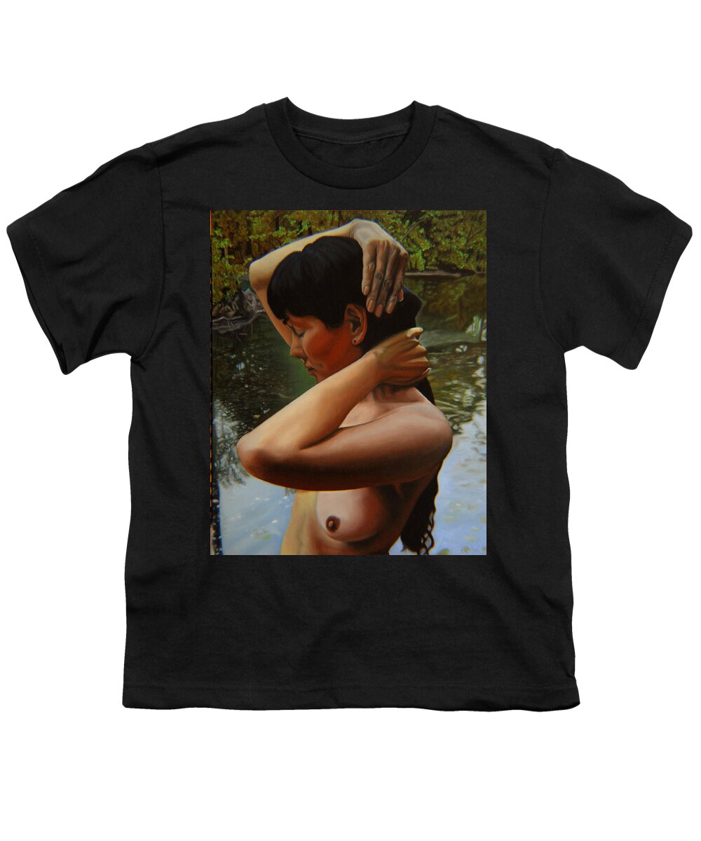 Bather Youth T-Shirt featuring the painting May Morning Arkansas River 3 by Thu Nguyen