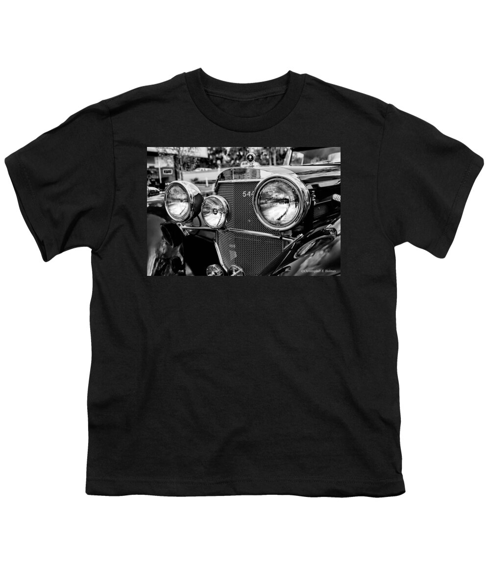 Car Youth T-Shirt featuring the photograph Mercedes 544k Grille - BW by Christopher Holmes