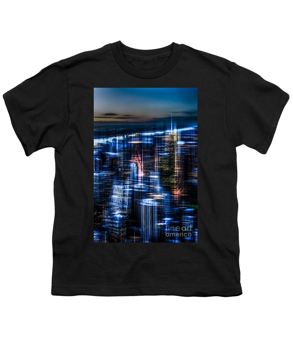 Nyc Youth T-Shirt featuring the photograph New York - the night awakes - blue I by Hannes Cmarits