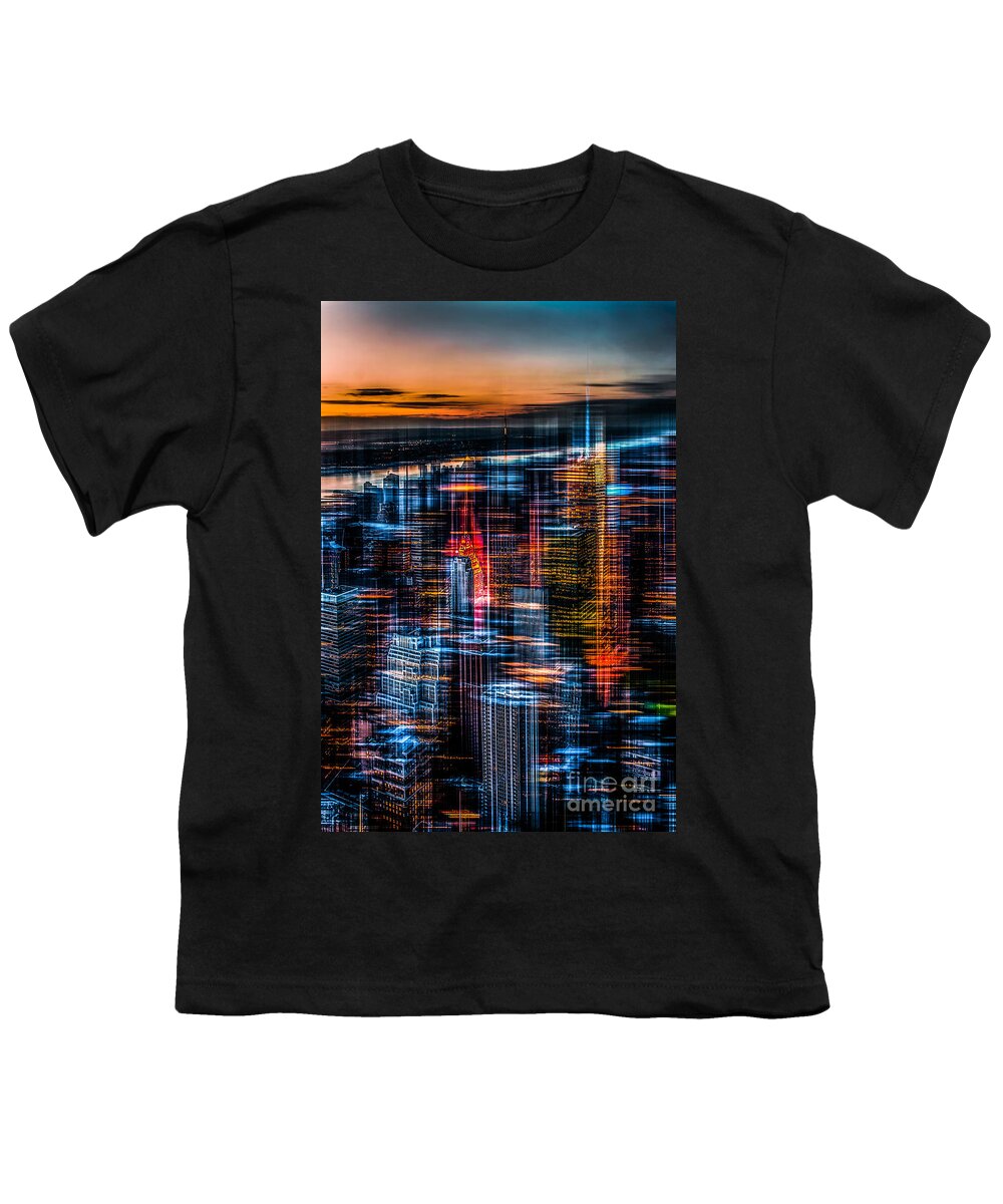 Nyc Youth T-Shirt featuring the photograph New York- the night awakes - orange by Hannes Cmarits