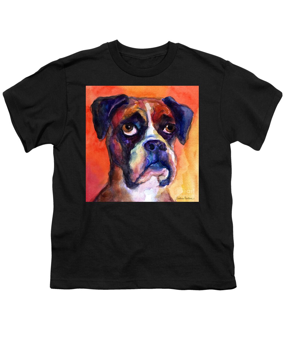 Boxer Funny Youth T-Shirt featuring the painting pensive Boxer Dog pop art painting by Svetlana Novikova
