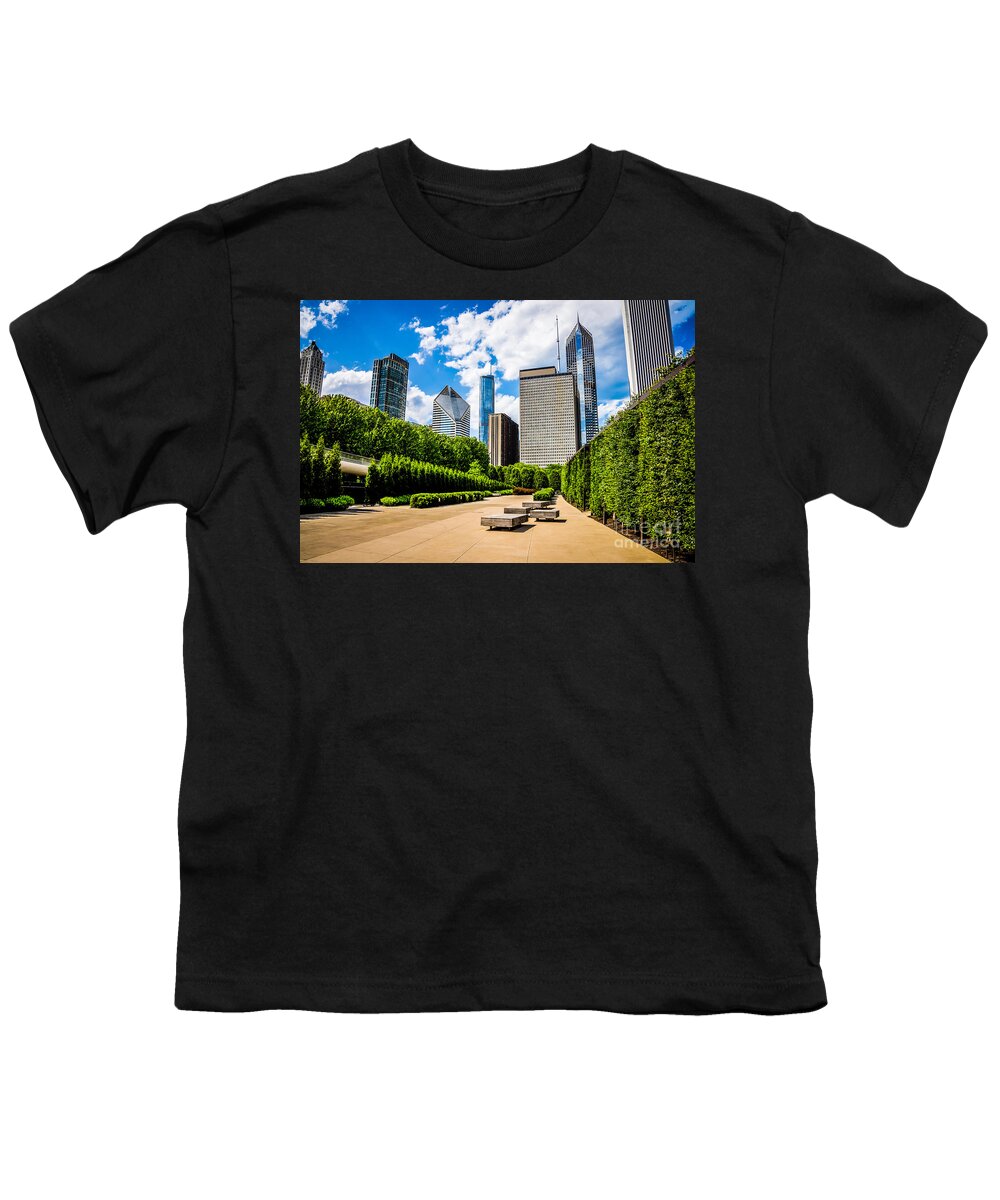 America Youth T-Shirt featuring the photograph Picture of Chicago Skyline with Millennium Park Trees by Paul Velgos