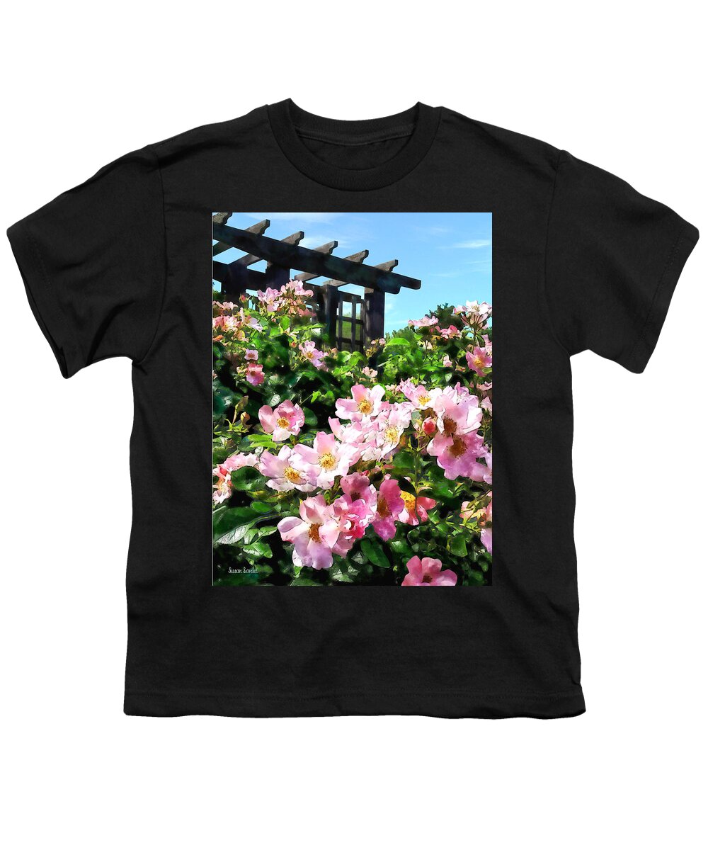 Rose Youth T-Shirt featuring the photograph Pink Roses Near Trellis by Susan Savad