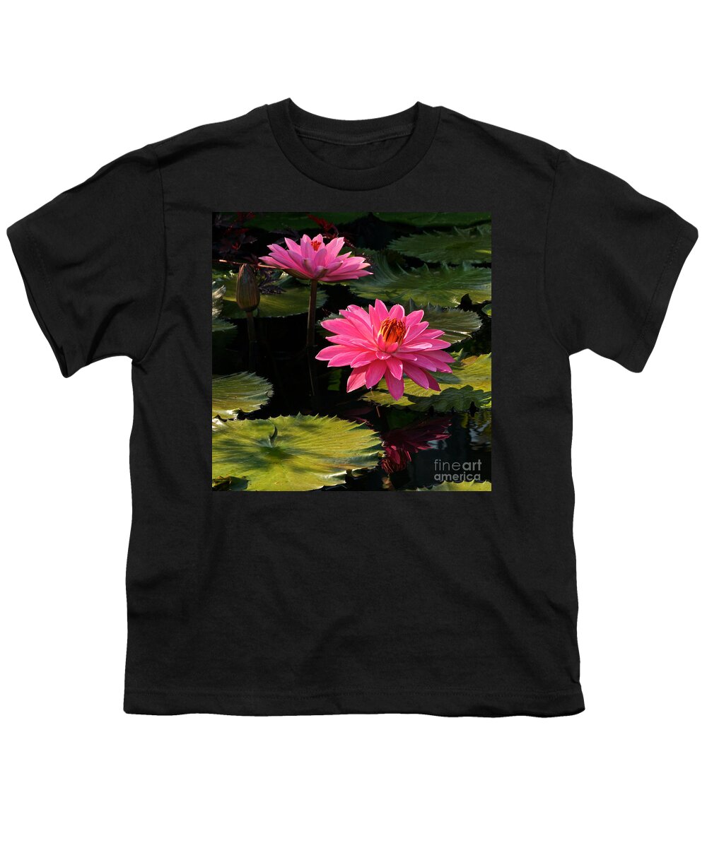 Pink Tropical Water Lilies Youth T-Shirt featuring the photograph Pink Tropical Water Lilies by Byron Varvarigos