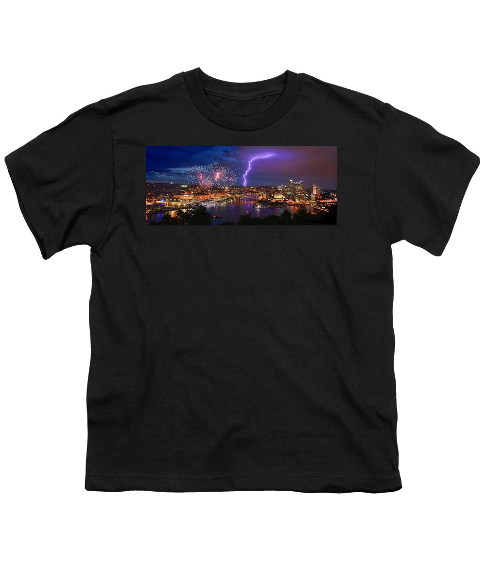 Pittsburgh Skyline Youth T-Shirt featuring the photograph Pittsburgh Pennsylvania Skyline Fireworks at Night Panorama by Jon Holiday