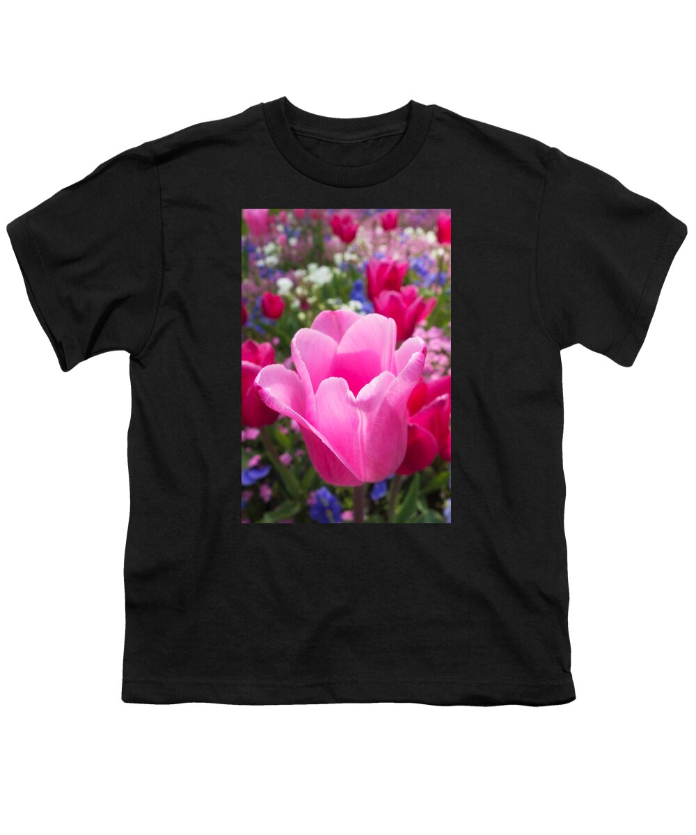 Tulip Youth T-Shirt featuring the photograph Pretty pink tulip and field with flowers and tulips by Matthias Hauser