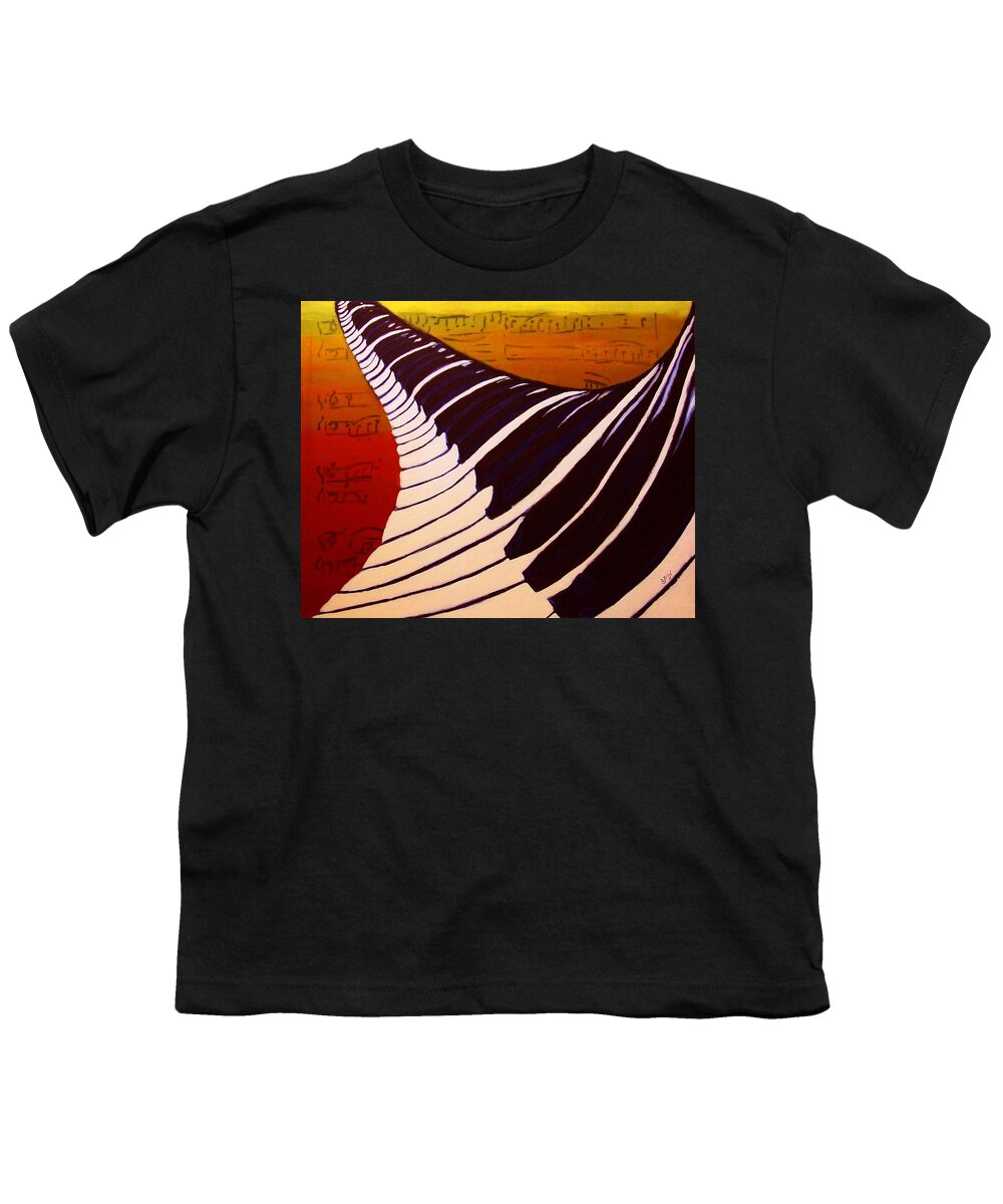 Rainbow Piano Youth T-Shirt featuring the painting Rainbow Piano Keyboard Twist in Acrylic Paint with Sheet Music Notes in Blue Yellow Orange Red by M Zimmerman MendyZ