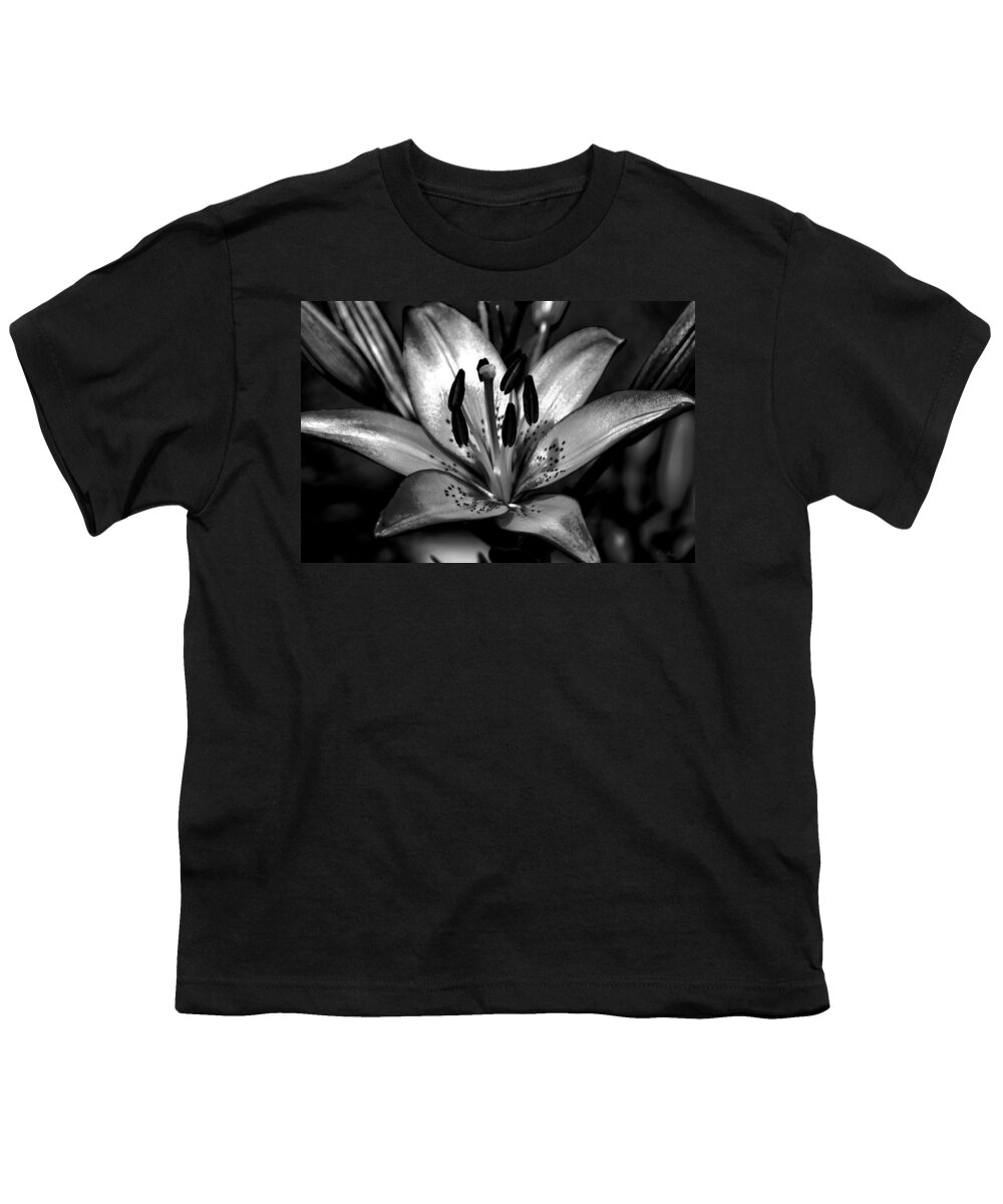 Lily Bloom Youth T-Shirt featuring the photograph Red Magic Daylily-HDR Art BW by Lesa Fine