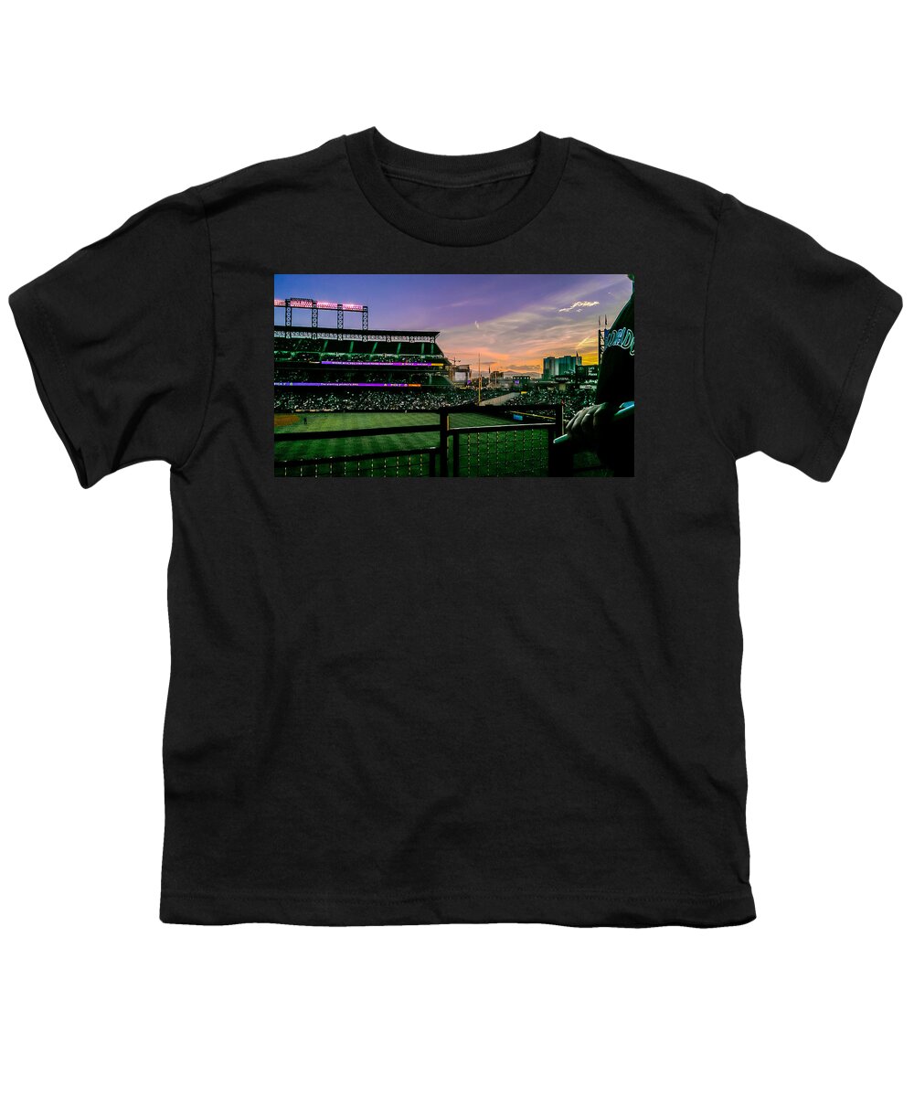 Baseball Youth T-Shirt featuring the photograph Rockies game at sunset by Stacy Abbott