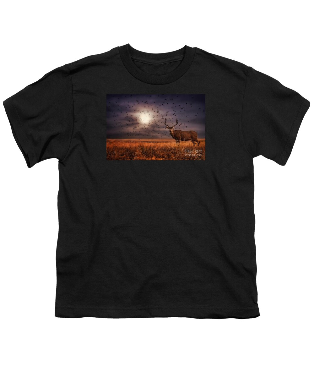 Mule Deer Youth T-Shirt featuring the photograph Rocky Mountain Arsenal Deer and Birds by Priscilla Burgers