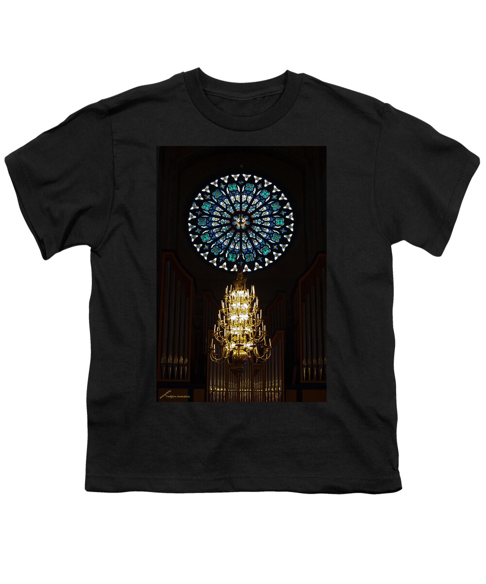 Rose Window And The Ruffatti Organ Youth T-Shirt featuring the photograph Rose window and the Ruffatti organ by Torbjorn Swenelius