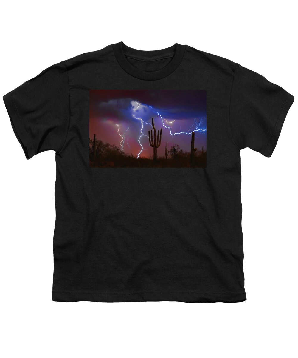 Saguaro Youth T-Shirt featuring the photograph Saguaro Lightning Nature Fine Art Photograph by James BO Insogna