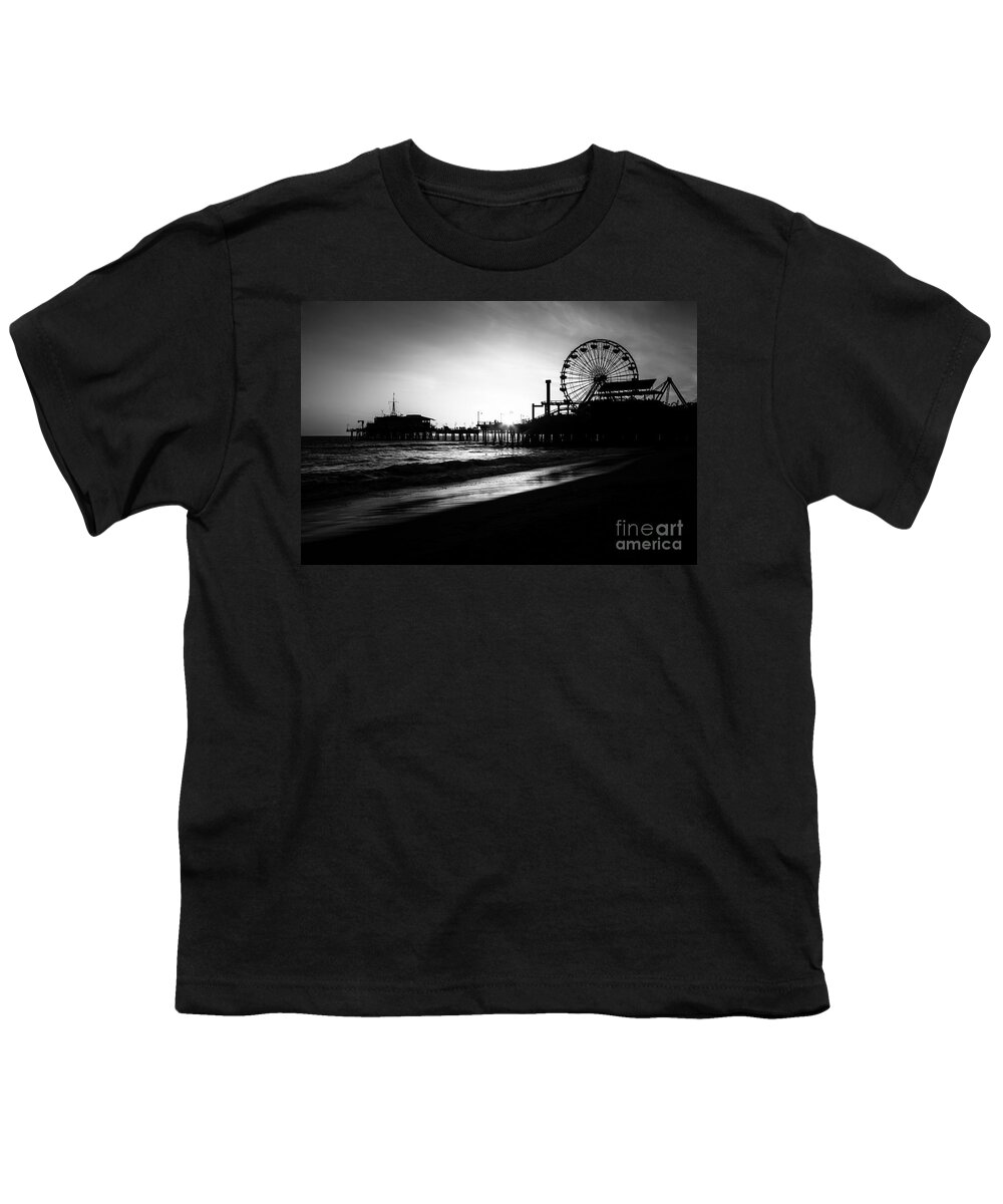 America Youth T-Shirt featuring the photograph Santa Monica Pier in Black and White by Paul Velgos