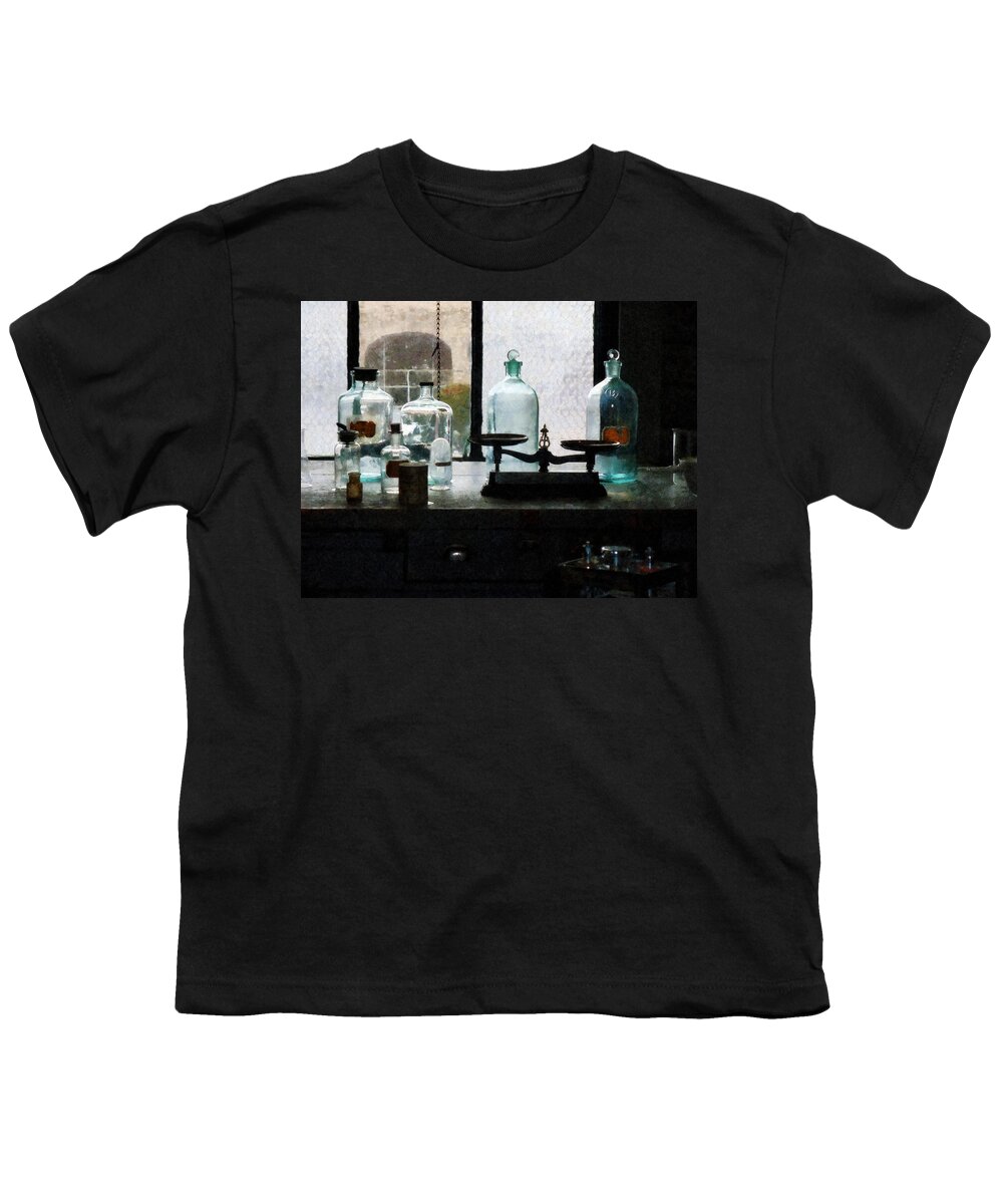 Science Youth T-Shirt featuring the photograph Science - Balance and Bottles in Chem Lab by Susan Savad