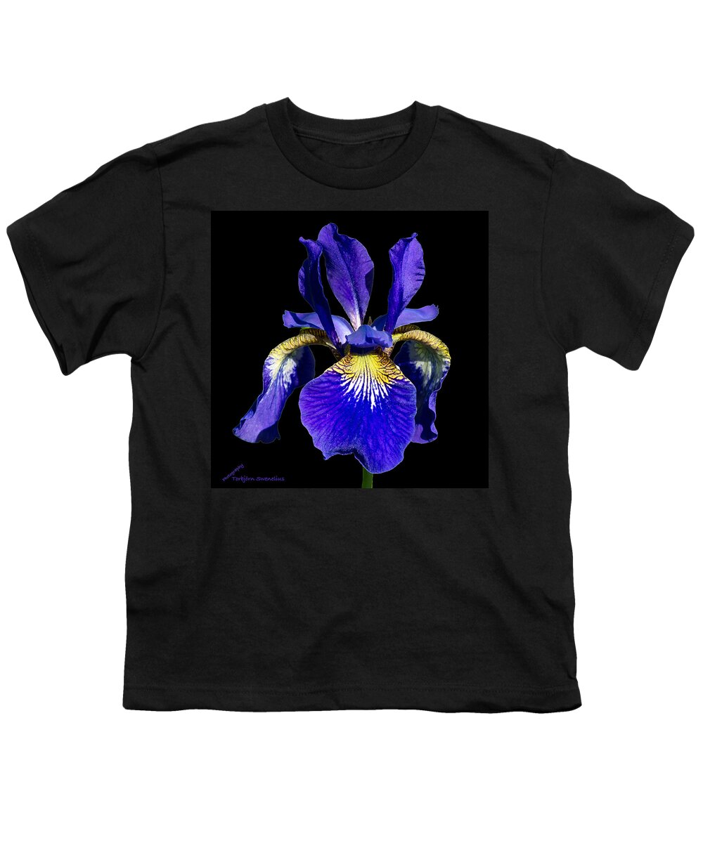 Siberian Iris On Black Youth T-Shirt featuring the photograph Siberian Iris on black by Torbjorn Swenelius
