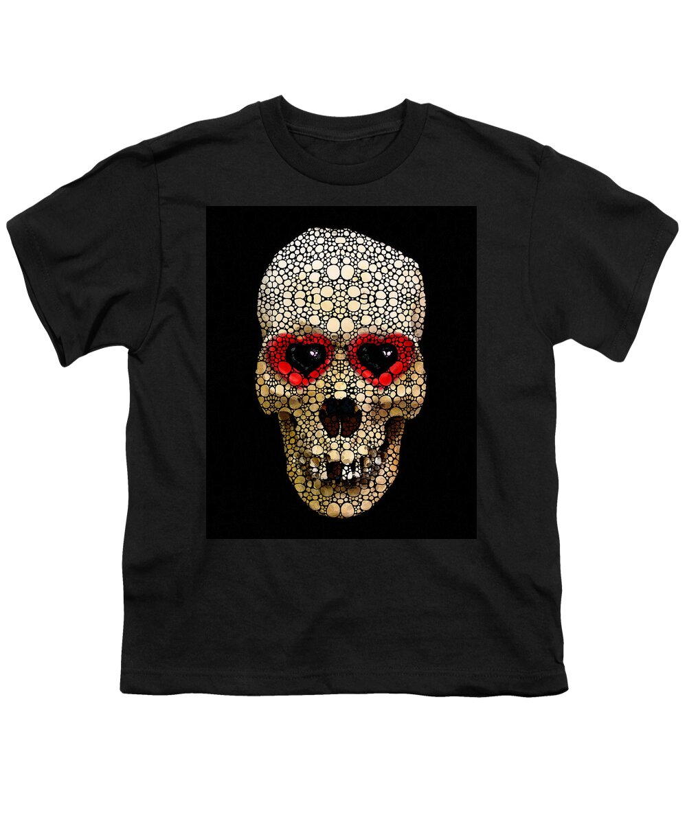 Skull Youth T-Shirt featuring the painting Skull Art - Day Of The Dead 3 Stone Rock'd by Sharon Cummings