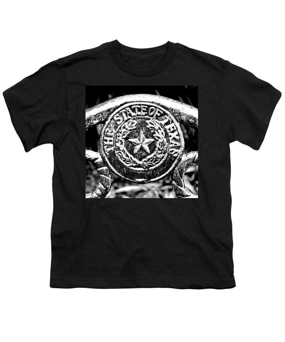 Texas Youth T-Shirt featuring the digital art State of Texas Seal and Lone Star on Iron Fence after Rain Square Format BW Conte Crayon Digital Art by Shawn O'Brien