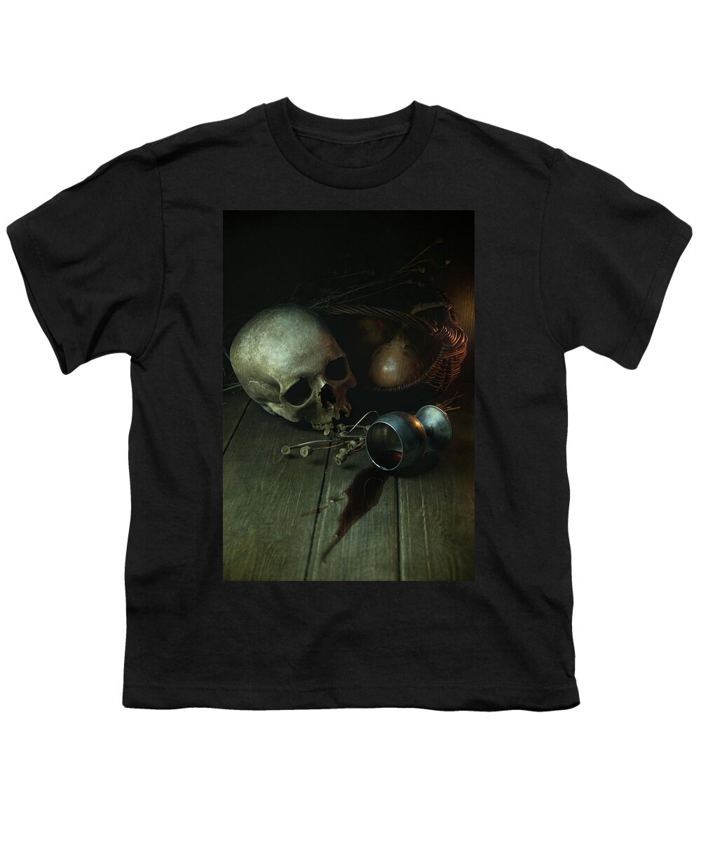 Still Life Youth T-Shirt featuring the photograph Still life with human skull and silver chalice by Jaroslaw Blaminsky