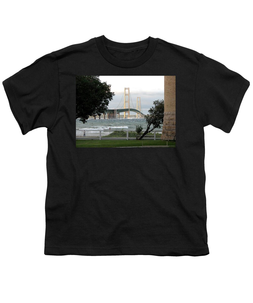 Mackinac Bridge Youth T-Shirt featuring the photograph Stormy Straits of Mackinac 2 by Keith Stokes