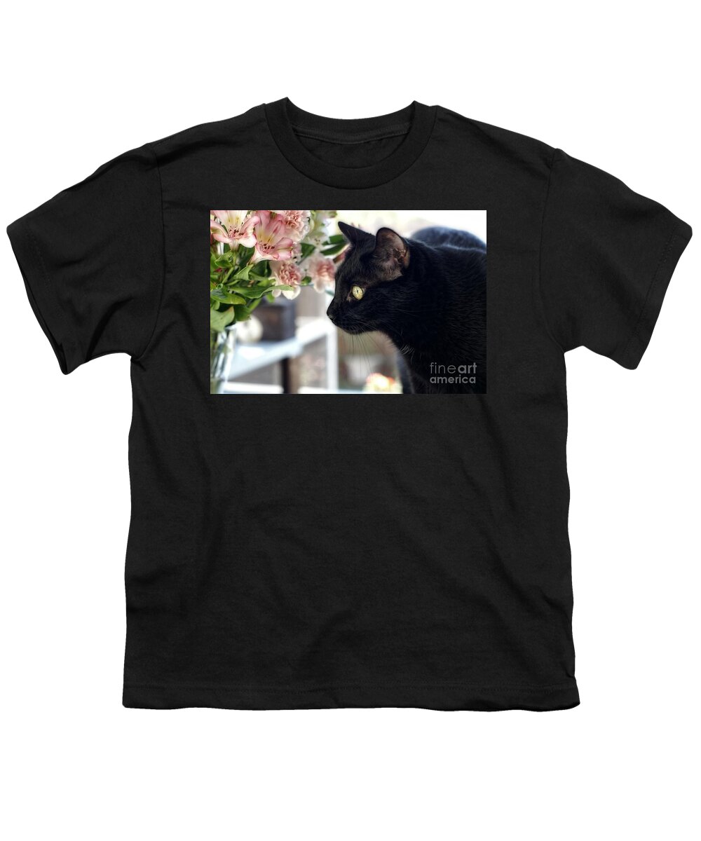 Black Cat Youth T-Shirt featuring the photograph Take Time To Smell The Flowers by Peggy Hughes