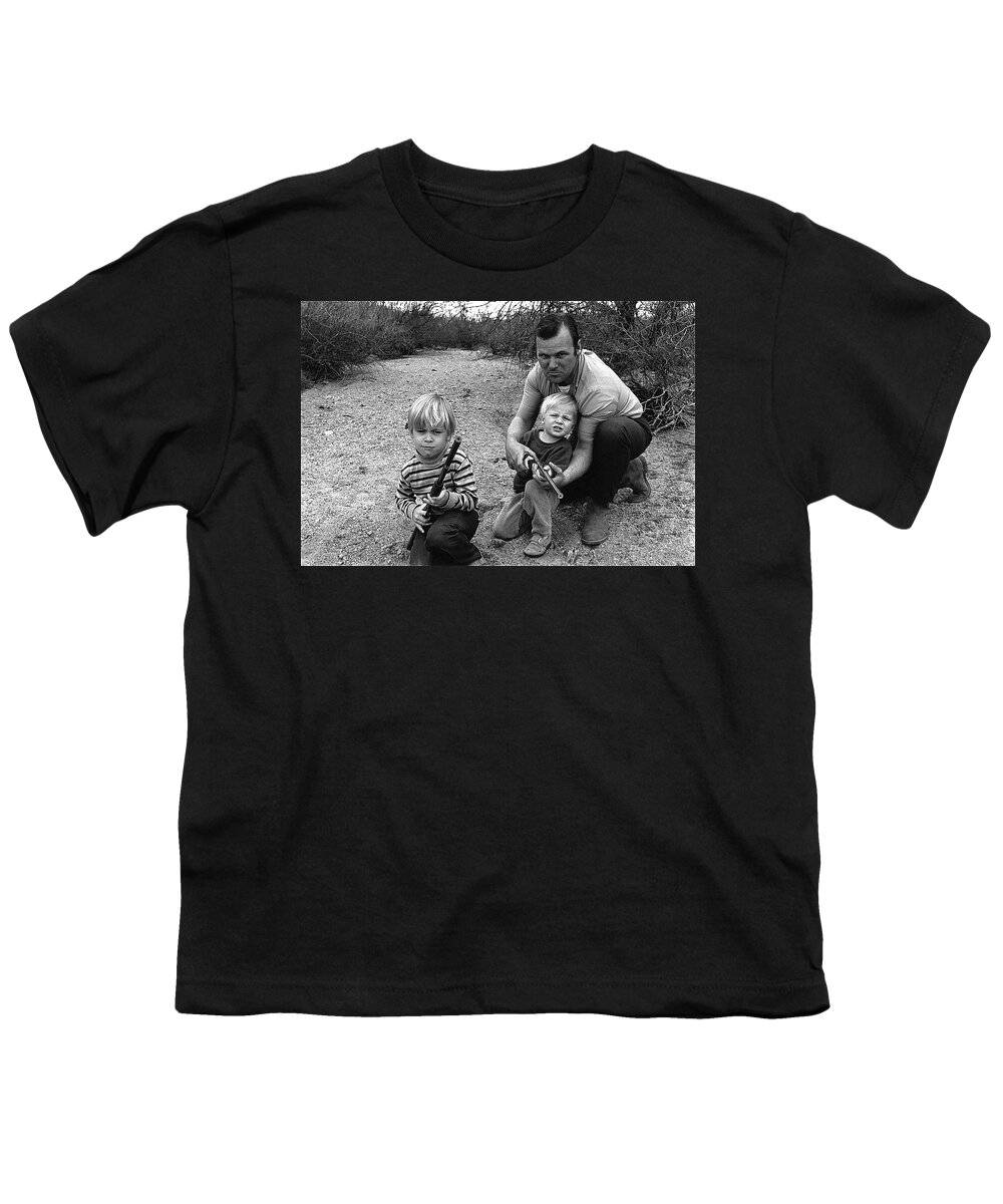 The Green Berets Homage 1968 Barry Sadler And Sons Tucson Arizona John Wayne Toy Guns Black And White Dry River Bed Youth T-Shirt featuring the photograph The Green Berets homage 1968 Barry Sadler and sons Tucson Arizona by David Lee Guss
