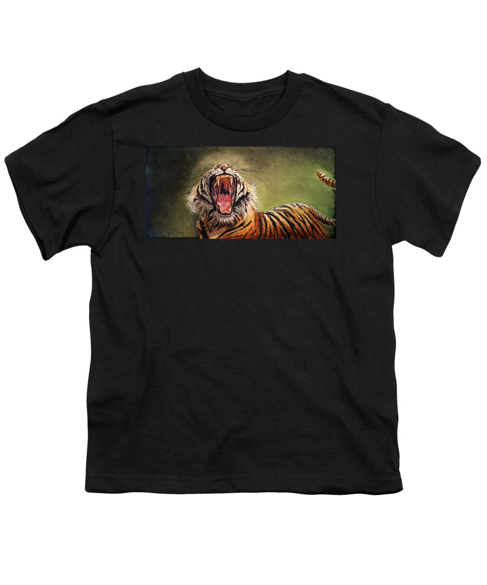 Art Youth T-Shirt featuring the painting Tiger Yawn by Carolyn Coffey Wallace