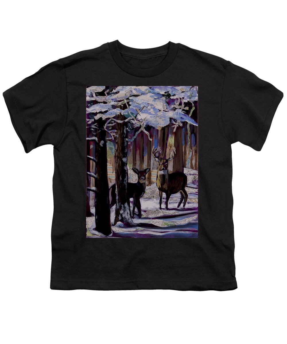 Snow Youth T-Shirt featuring the painting Two deer in snow in woods by Tilly Strauss