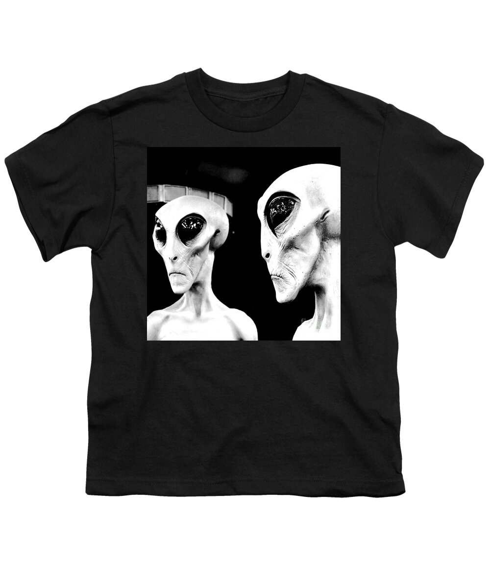 Alien Youth T-Shirt featuring the digital art Two Grey Aliens Science Fiction Square Format Black and White Conte Crayon Digital Art by Shawn O'Brien