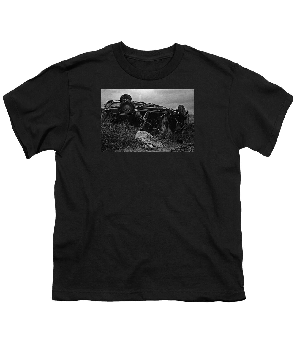 Upended Car Accident Dead Body Aberdeen South Dakota 1964 Black And White Youth T-Shirt featuring the photograph Upended car accident dead body Aberdeen South Dakota 1964 black and white by David Lee Guss