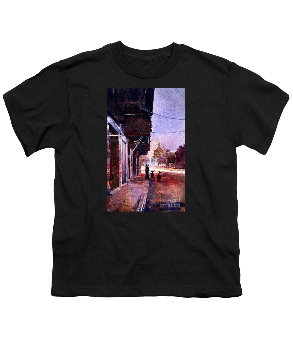  Watercolor Paper Youth T-Shirt featuring the painting Watercolor painting of Royal Palace Phnom Penh Cambodia by Ryan Fox