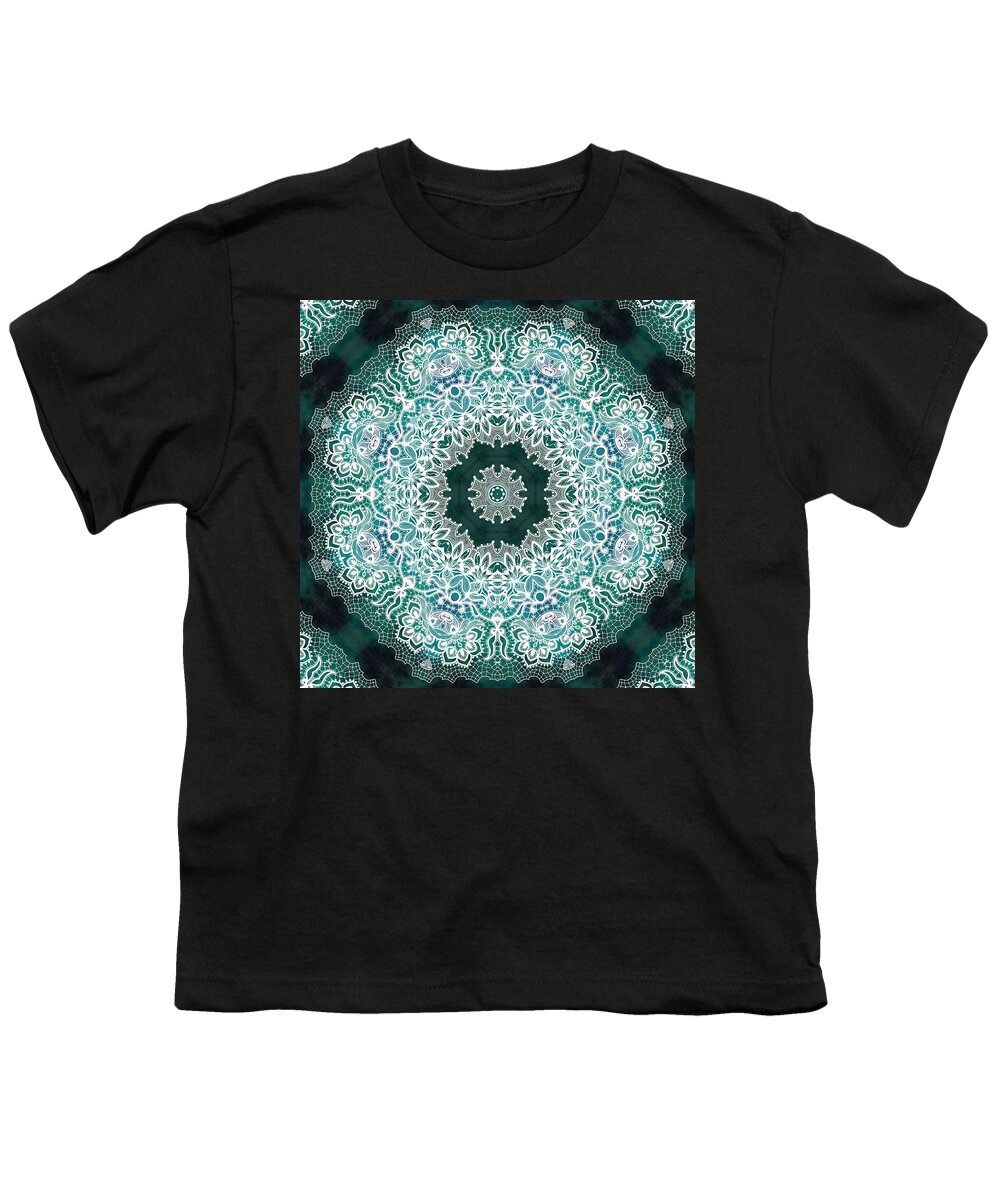 Pattern Youth T-Shirt featuring the digital art White Lace on Malachite background by Lilia S