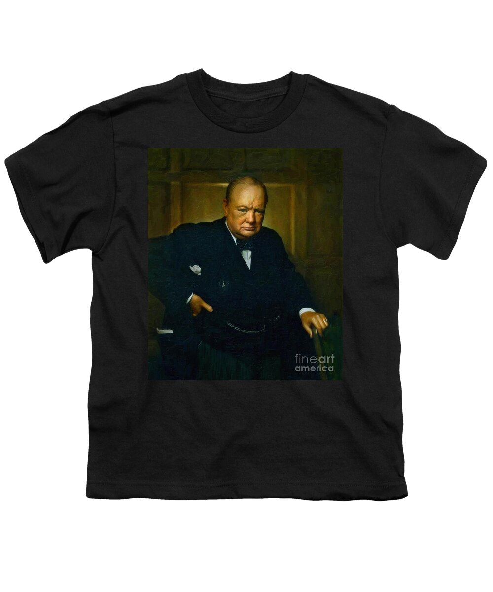 Landmark Youth T-Shirt featuring the painting Winston Churchill by Celestial Images