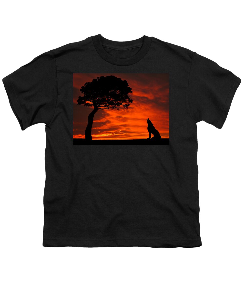 Wolf Youth T-Shirt featuring the photograph Wolf Calling For Mate Sunset Silhouette Series by David Dehner