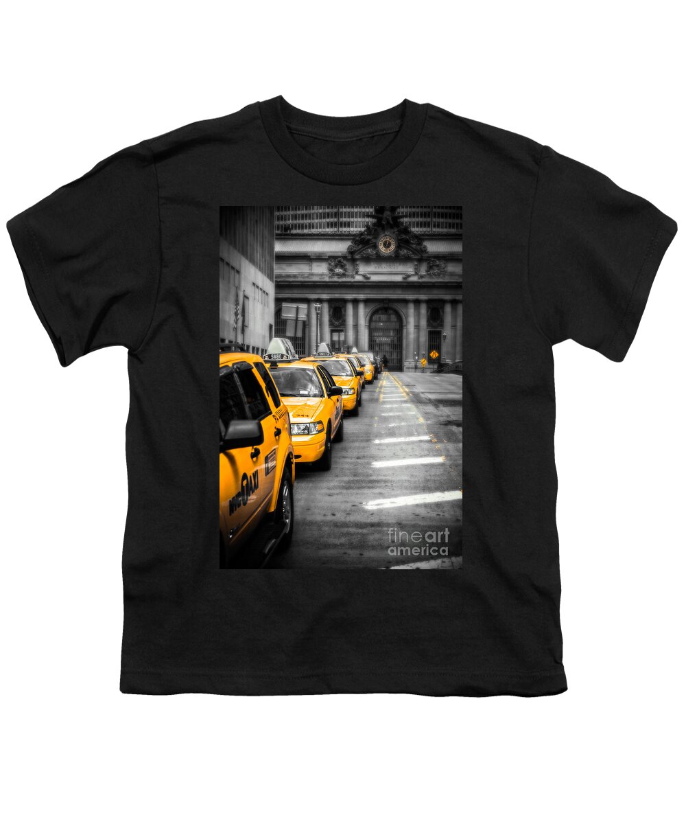 Nyc Youth T-Shirt featuring the photograph Yellow Cabs waiting - Grand Central Terminal - bw o by Hannes Cmarits
