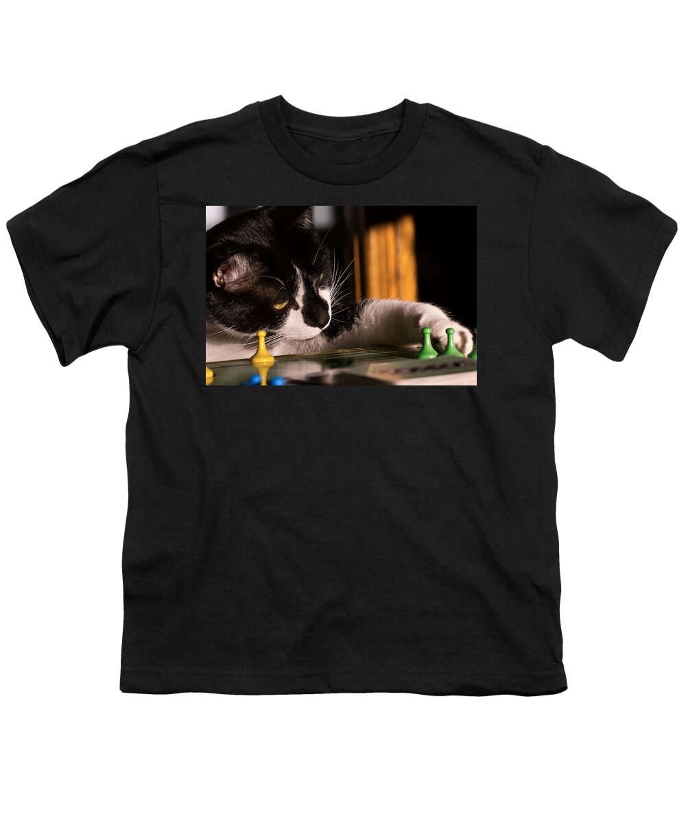 Sorry! Youth T-Shirt featuring the photograph Cat Playing a Game by Lori Coleman