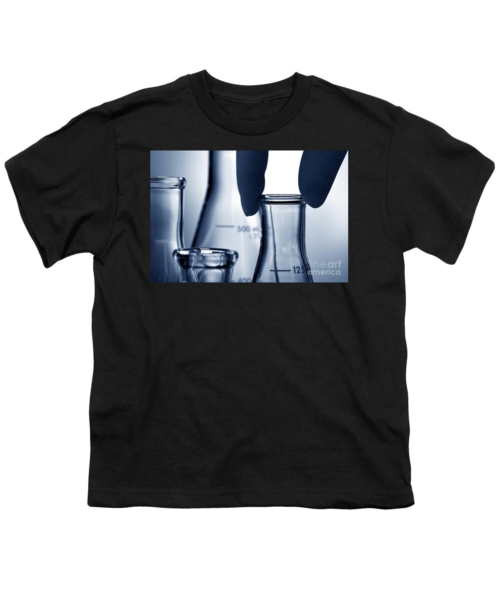 Blue Youth T-Shirt featuring the photograph Erlenmeyer Flasks in Science Research Lab by Science Research Lab