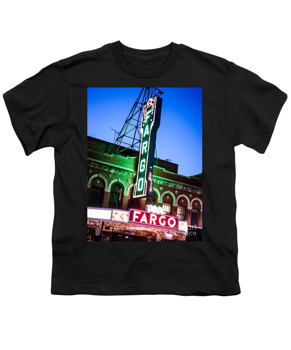 America Youth T-Shirt featuring the photograph Fargo ND Theatre Marquee at Night Photo by Paul Velgos