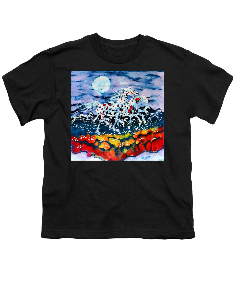 Summer Youth T-Shirt featuring the tapestry - textile Horses Prance On Flower Field in Summer Moon by Carol Law Conklin