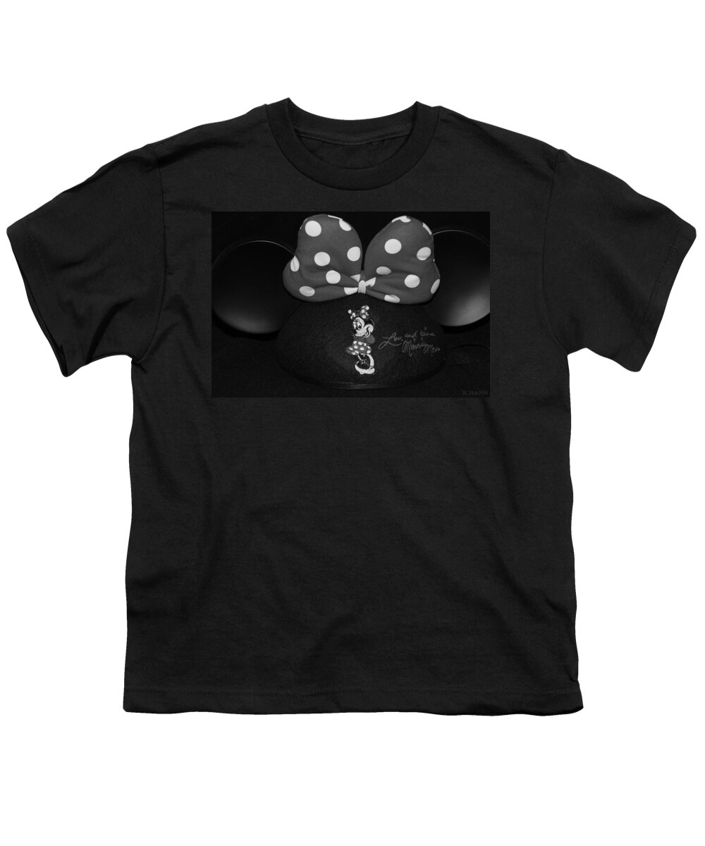 Minnie Mouse Youth T-Shirt featuring the photograph MINNIE MOUSE EARS iN BLACK AND WHITE by Rob Hans