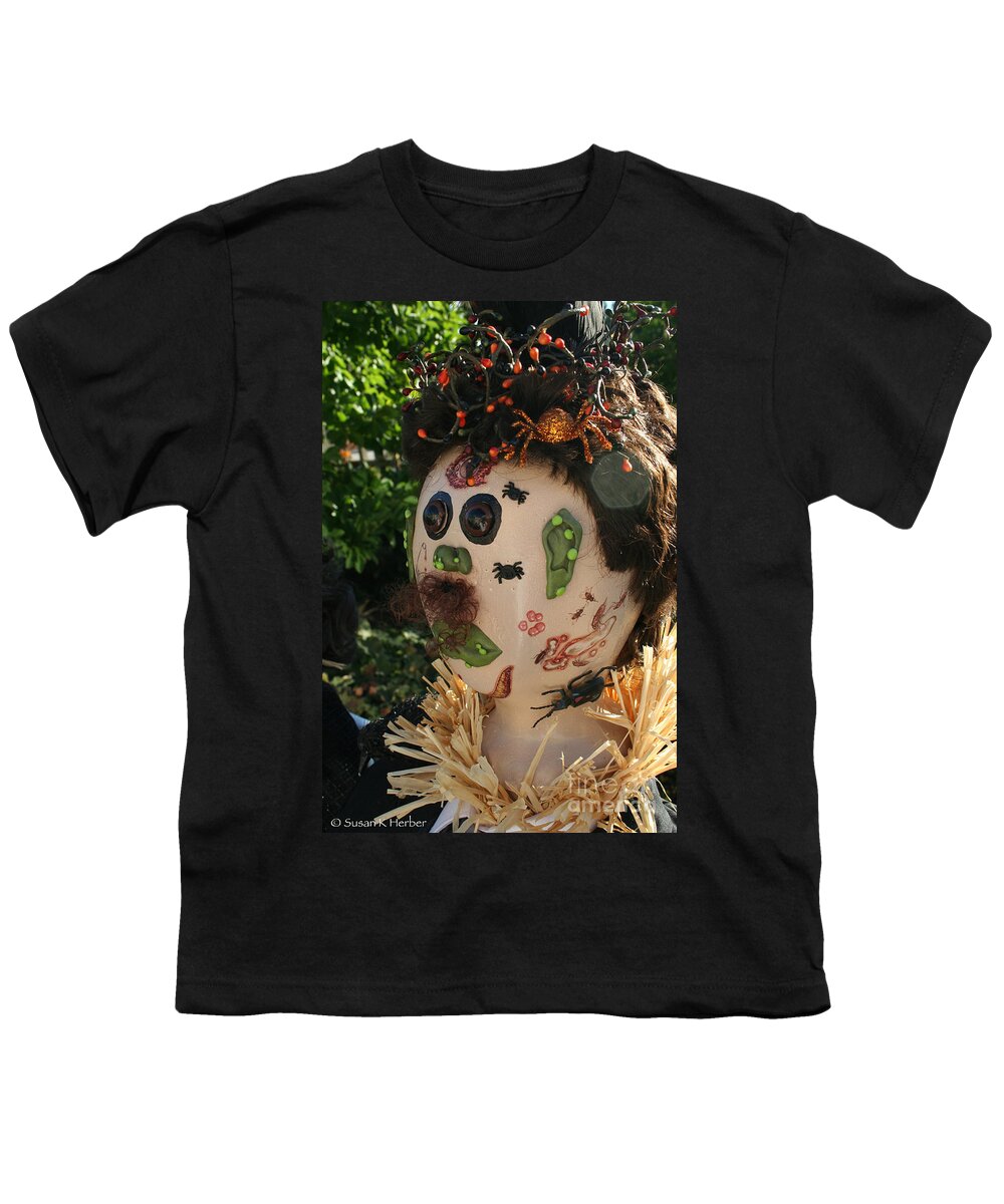Fall Youth T-Shirt featuring the photograph Spiderman Scarecrow by Susan Herber