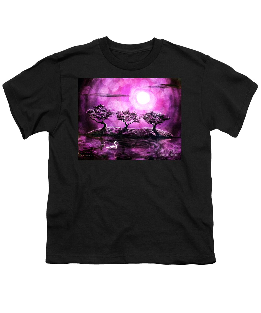 Pink Youth T-Shirt featuring the digital art Swan in a Magical Lake by Laura Iverson