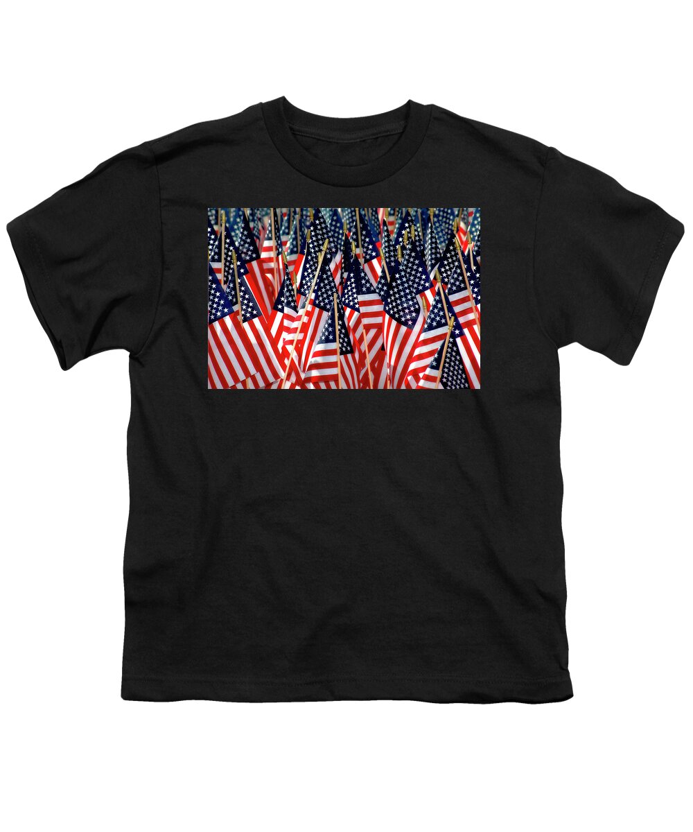 Flag Youth T-Shirt featuring the photograph Wall of US Flags by Carolyn Marshall