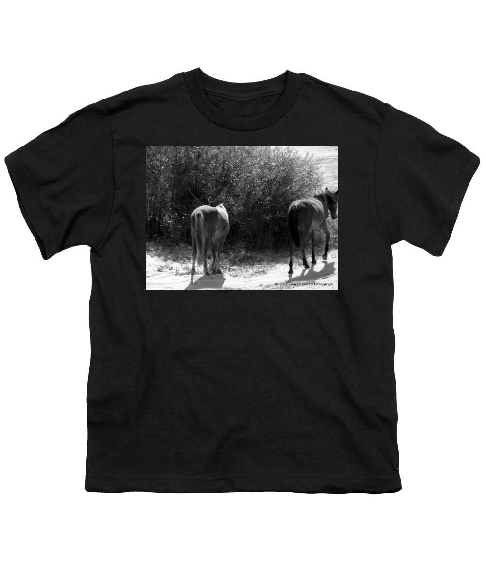 Stallion Youth T-Shirt featuring the photograph Wild Spanish Mustangs Dad and baby of the Outer Banks of North Carolina by Kim Galluzzo