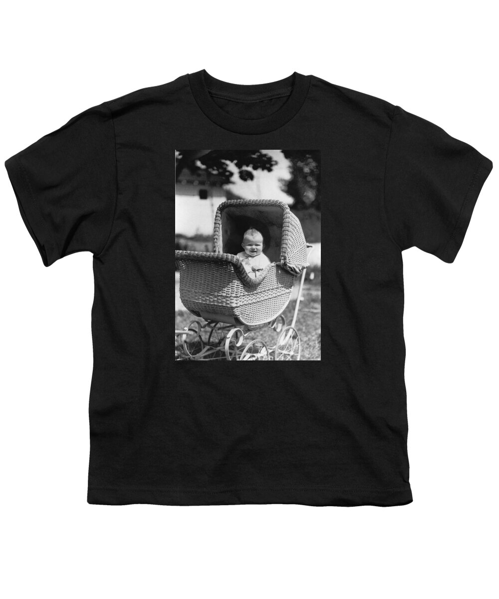 Happy Baby In Wicker Fall 1925 Black White Youth T-Shirt by Mark Goebel - Pixels